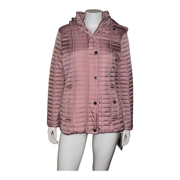 London Fog Hooded Box Quilt Coat Hooded Heather Pink Petite Medium NWT - Picture 2 of 9